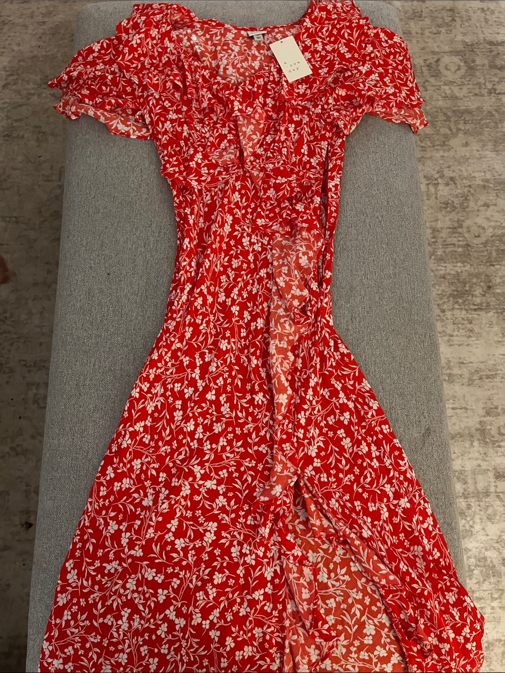 a new day Red and White Floral Ruffle Midi Dress